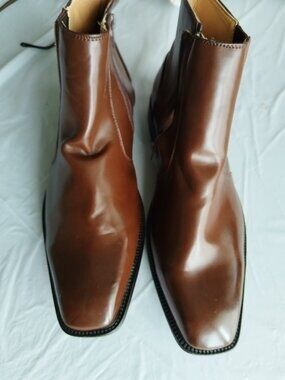 New SALVETTO Men's Brown Shiny Leather Ankle Boots, Size 11, Square Toe, Zip Up